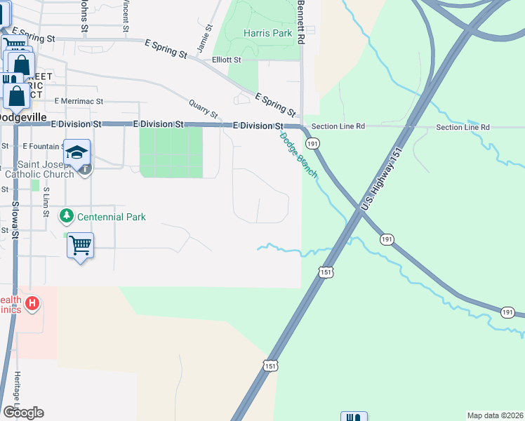 map of restaurants, bars, coffee shops, grocery stores, and more near 400 Diamond Oaks Drive in Dodgeville