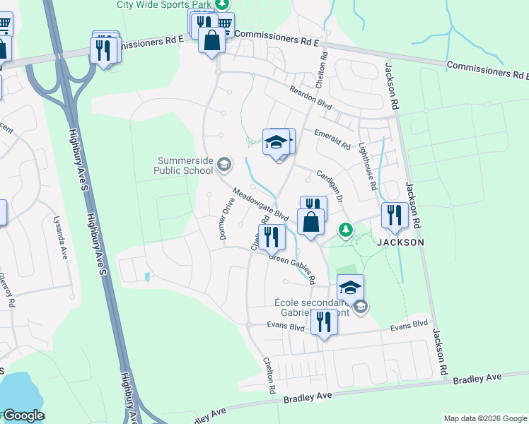 map of restaurants, bars, coffee shops, grocery stores, and more near 2842 Meadowgate Boulevard in London