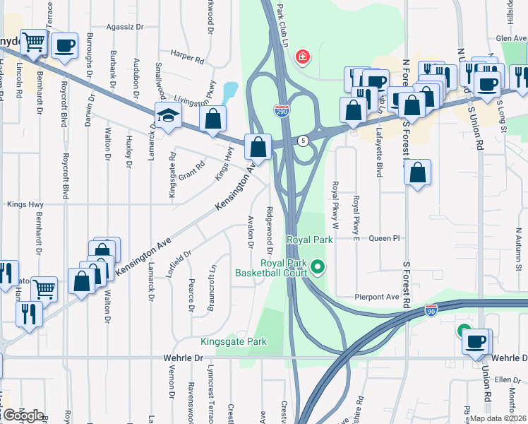 map of restaurants, bars, coffee shops, grocery stores, and more near 103 Ridgewood Drive in Buffalo