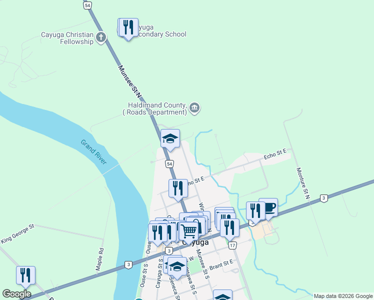 map of restaurants, bars, coffee shops, grocery stores, and more near 64 Winnett Street North in Cayuga