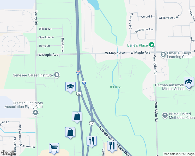 map of restaurants, bars, coffee shops, grocery stores, and more near 5089 Pilgrim Road in Flint