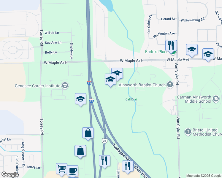 map of restaurants, bars, coffee shops, grocery stores, and more near 5089 Pilgrim Road in Flint