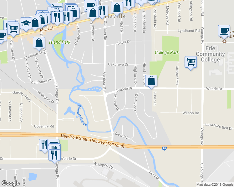map of restaurants, bars, coffee shops, grocery stores, and more near 1551 Wehrle Drive in Buffalo