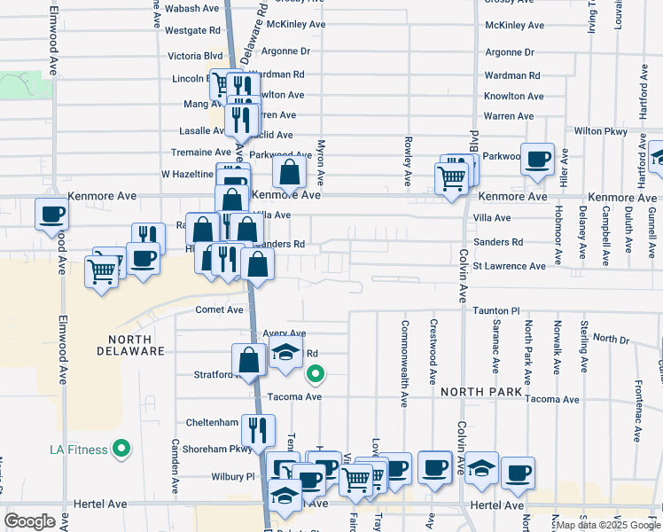 map of restaurants, bars, coffee shops, grocery stores, and more near 98 Delsan Court in Buffalo