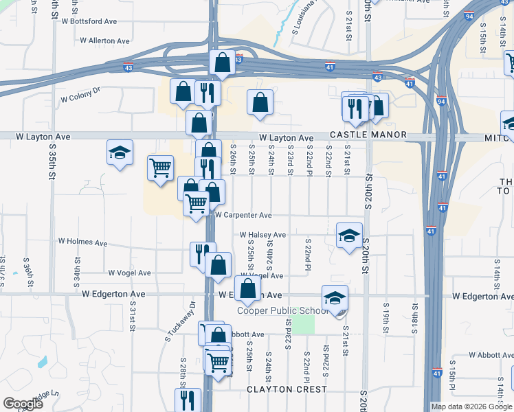 map of restaurants, bars, coffee shops, grocery stores, and more near 2509 West Carpenter Avenue in Milwaukee