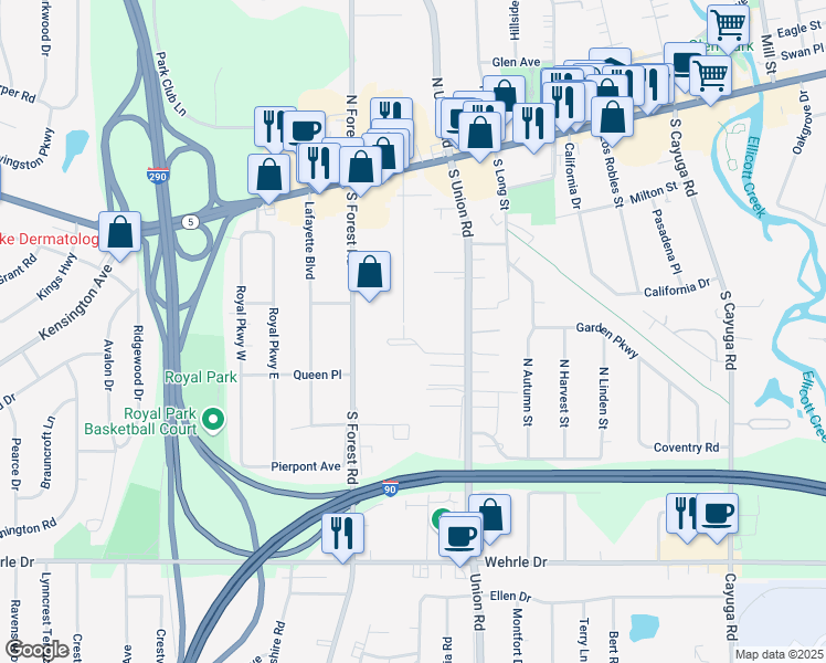 map of restaurants, bars, coffee shops, grocery stores, and more near 205 South Union Road in Buffalo
