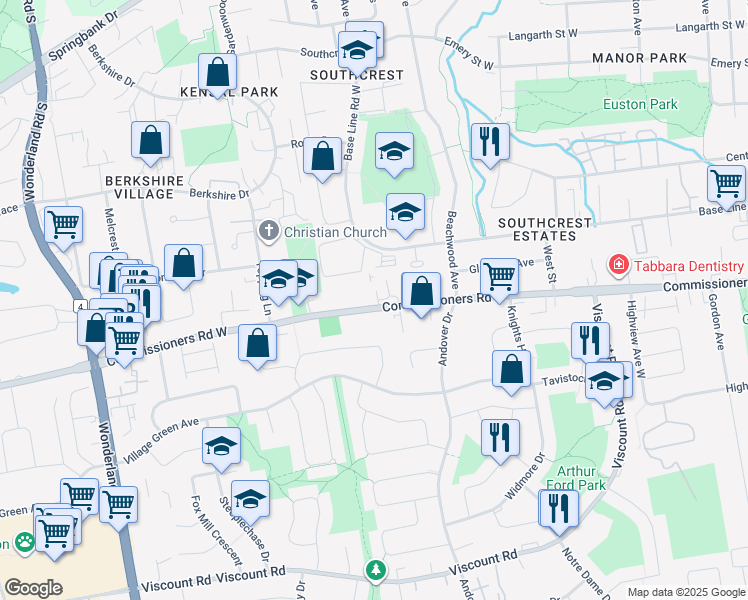 map of restaurants, bars, coffee shops, grocery stores, and more near 339 Commissioners Road West in London