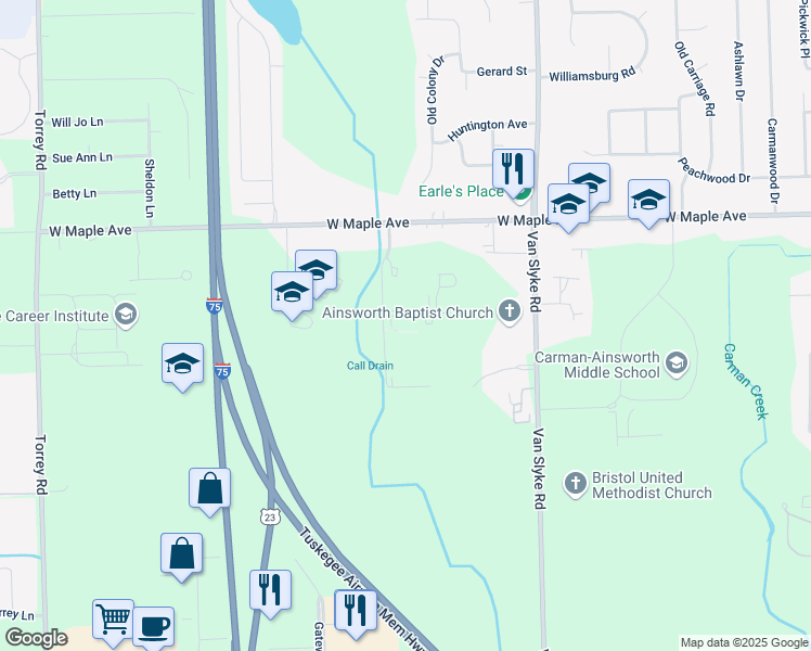 map of restaurants, bars, coffee shops, grocery stores, and more near 5145 Ridgebend Drive in Flint