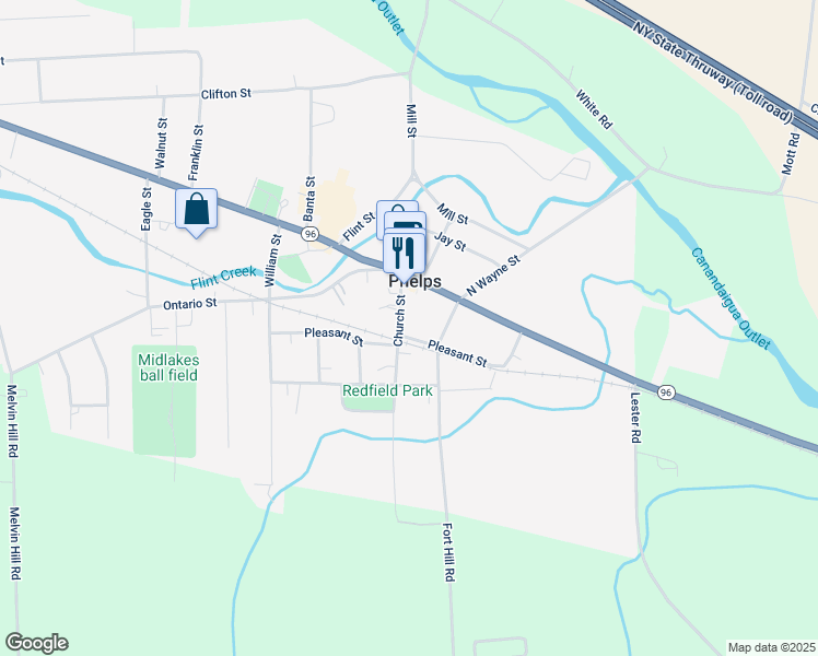 map of restaurants, bars, coffee shops, grocery stores, and more near 23 Church Street in Phelps