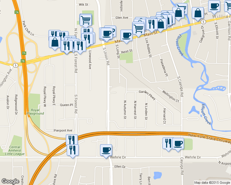 map of restaurants, bars, coffee shops, grocery stores, and more near 198 South Union Road in Erie County