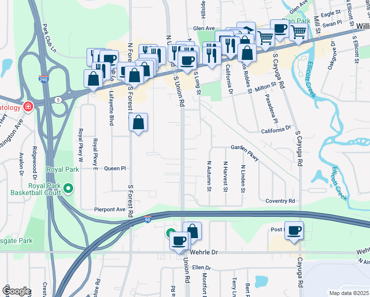 map of restaurants, bars, coffee shops, grocery stores, and more near 198 South Union Road in Erie County