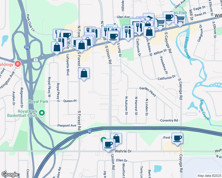 map of restaurants, bars, coffee shops, grocery stores, and more near 198 South Union Road in Erie County