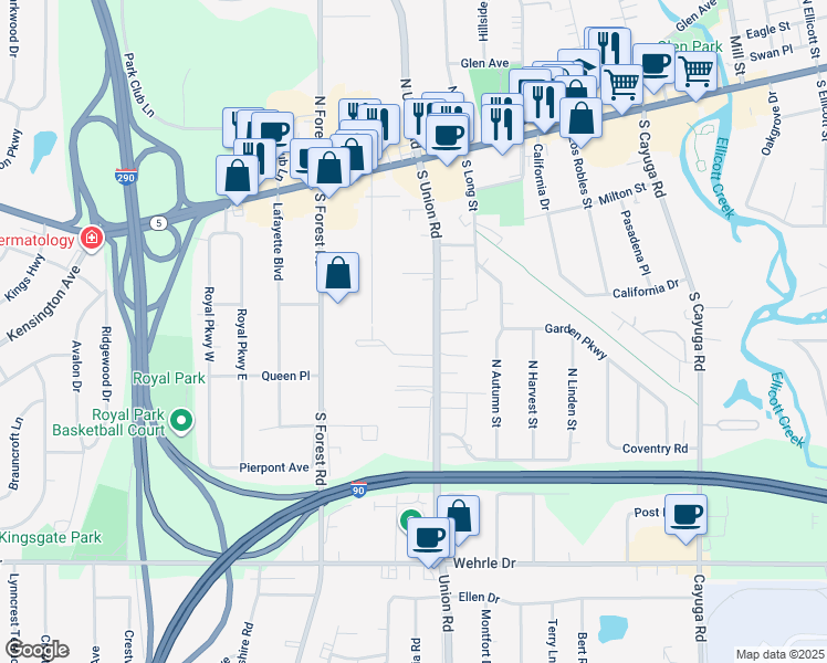map of restaurants, bars, coffee shops, grocery stores, and more near 193 South Union Road in Buffalo