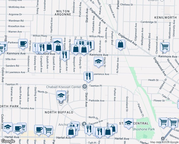 map of restaurants, bars, coffee shops, grocery stores, and more near 713 Saint Lawrence Avenue in Buffalo
