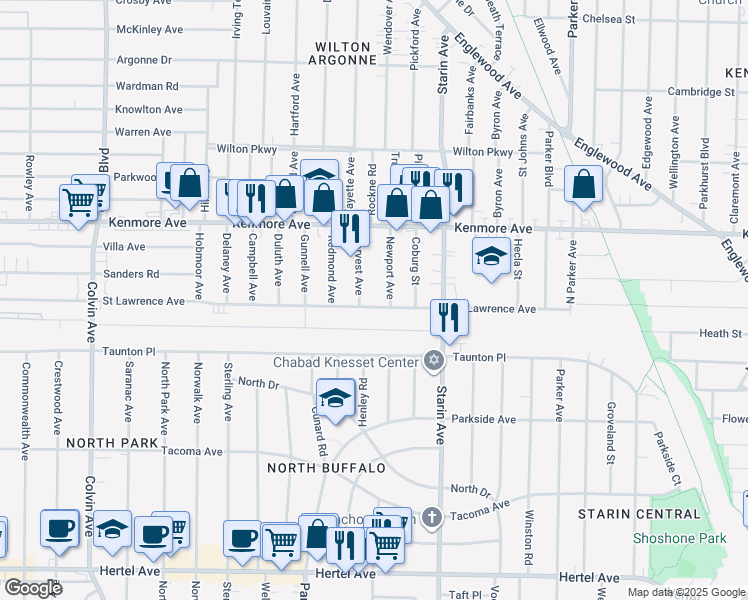 map of restaurants, bars, coffee shops, grocery stores, and more near 585 Saint Lawrence Avenue in Buffalo