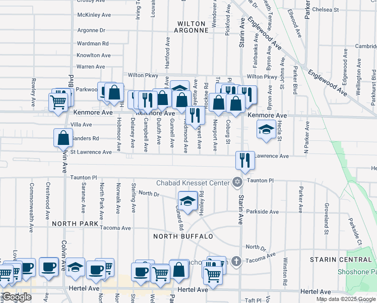 map of restaurants, bars, coffee shops, grocery stores, and more near 545 Saint Lawrence Avenue in Buffalo