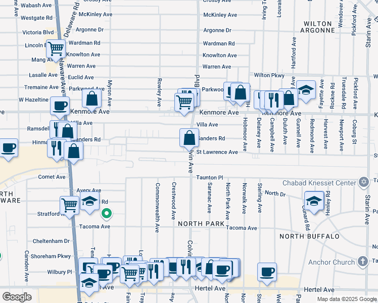 map of restaurants, bars, coffee shops, grocery stores, and more near 534 Colvin Avenue in Buffalo