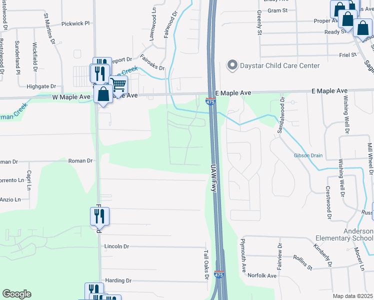 map of restaurants, bars, coffee shops, grocery stores, and more near 6324 Maplebrook Lane in Flint