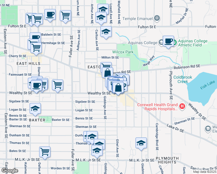 map of restaurants, bars, coffee shops, grocery stores, and more near 1436 Wealthy Street Southeast in Grand Rapids