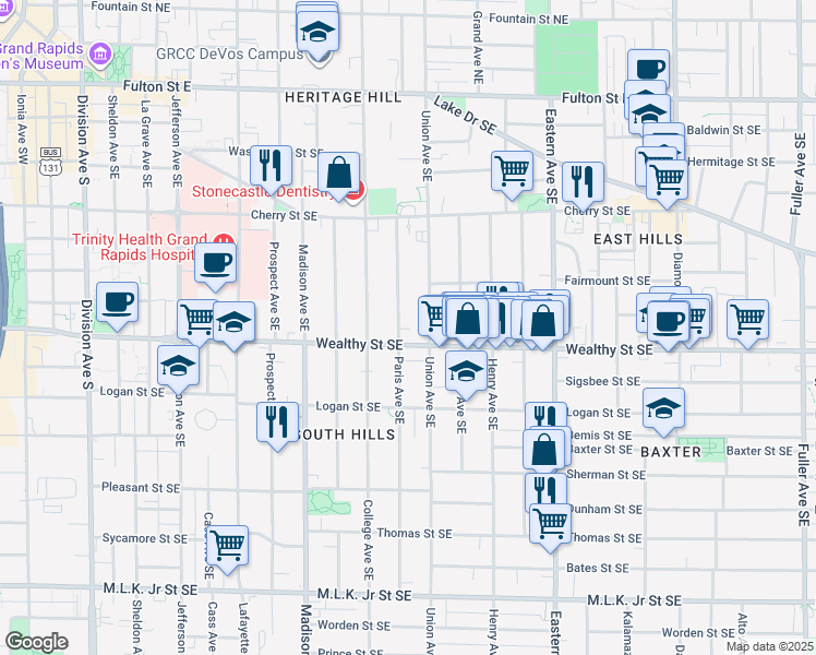 map of restaurants, bars, coffee shops, grocery stores, and more near 556 Wealthy Street Southeast in Grand Rapids