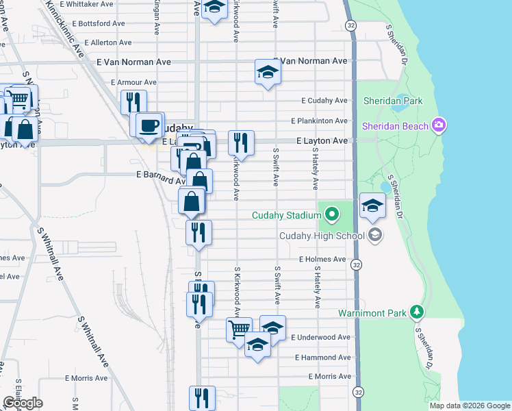 map of restaurants, bars, coffee shops, grocery stores, and more near 3737 East Carpenter Avenue in Cudahy