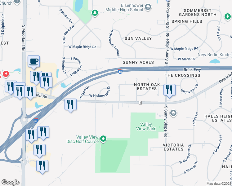 map of restaurants, bars, coffee shops, grocery stores, and more near 4873 South Forest Ridge Drive in New Berlin