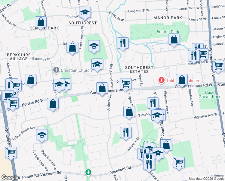 map of restaurants, bars, coffee shops, grocery stores, and more near Commissioners Rd W & Andover Dr in London