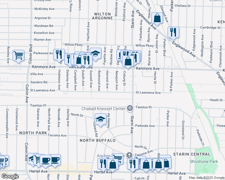 map of restaurants, bars, coffee shops, grocery stores, and more near 635 Saint Lawrence Avenue in Buffalo