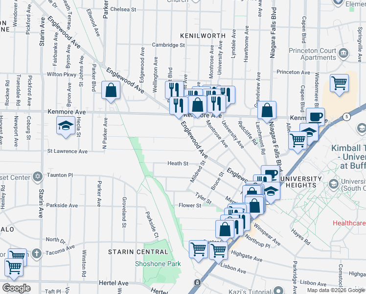 map of restaurants, bars, coffee shops, grocery stores, and more near 201 Heath Street in Buffalo