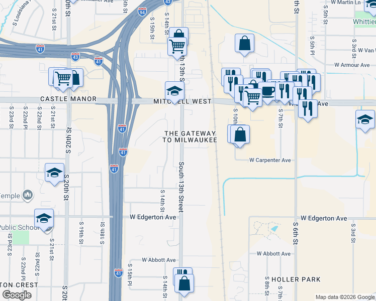 map of restaurants, bars, coffee shops, grocery stores, and more near 4924 South 13th Street in Milwaukee