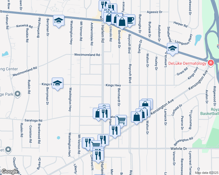 map of restaurants, bars, coffee shops, grocery stores, and more near 113 Hamilton Drive in Buffalo