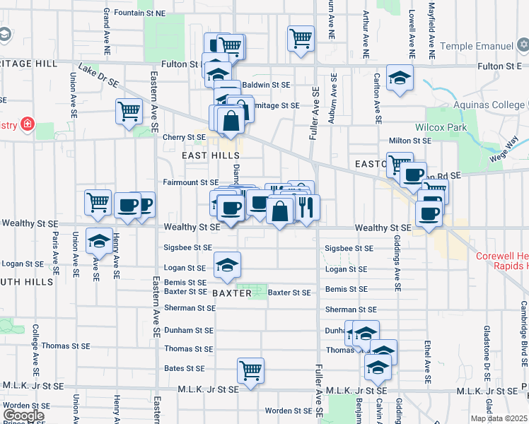 map of restaurants, bars, coffee shops, grocery stores, and more near 340 Robey Place Southeast in Grand Rapids