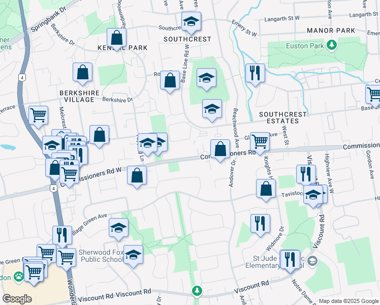 map of restaurants, bars, coffee shops, grocery stores, and more near 353 Commissioners Road West in London