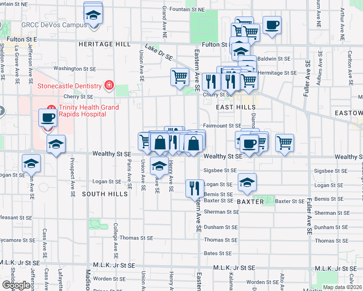map of restaurants, bars, coffee shops, grocery stores, and more near 341 Charles Avenue Southeast in Grand Rapids