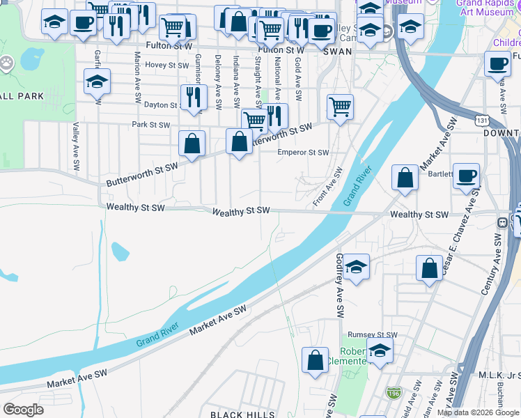 map of restaurants, bars, coffee shops, grocery stores, and more near Wealthy St SW & Straight Ave SW in Grand Rapids