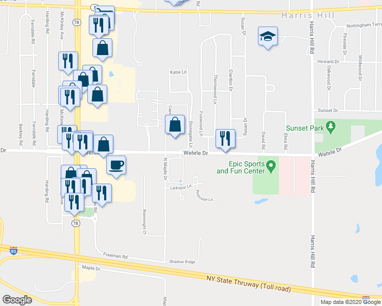 map of restaurants, bars, coffee shops, grocery stores, and more near Wehrle Drive & Stonegate Lane in Buffalo