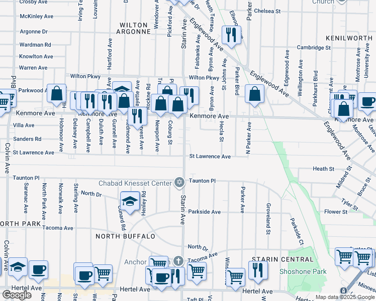 map of restaurants, bars, coffee shops, grocery stores, and more near 611 Starin Avenue in Buffalo