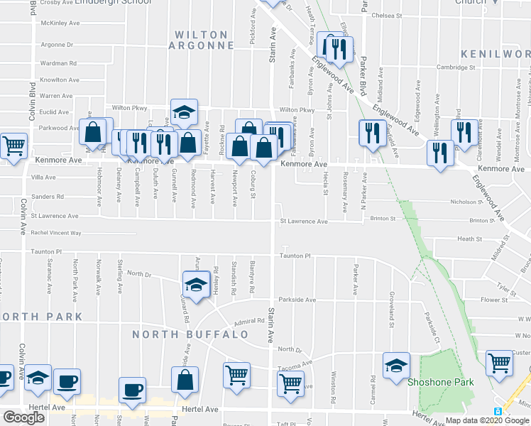 map of restaurants, bars, coffee shops, grocery stores, and more near 612 Starin Avenue in Buffalo
