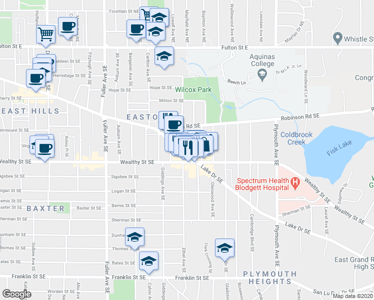 map of restaurants, bars, coffee shops, grocery stores, and more near 326 Hampton Avenue Southeast in Grand Rapids