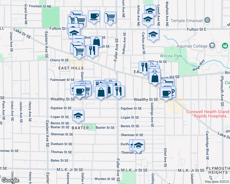 map of restaurants, bars, coffee shops, grocery stores, and more near 316 Fuller Avenue Southeast in Grand Rapids