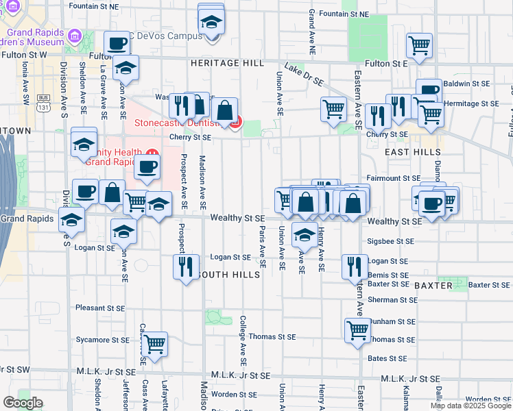 map of restaurants, bars, coffee shops, grocery stores, and more near 315 Paris Avenue Southeast in Grand Rapids