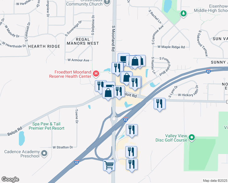 map of restaurants, bars, coffee shops, grocery stores, and more near 4850 South Moorland Road in New Berlin