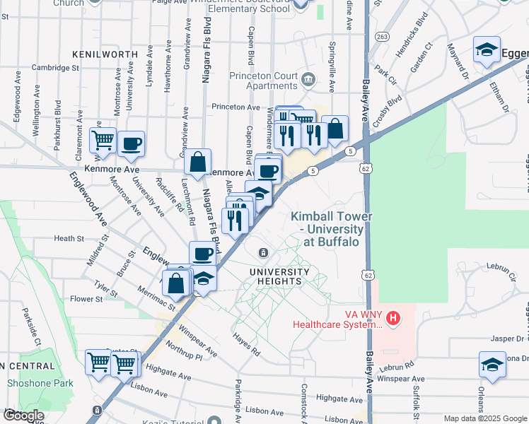 map of restaurants, bars, coffee shops, grocery stores, and more near 3455 Main Street in Buffalo