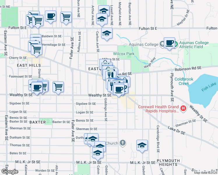 map of restaurants, bars, coffee shops, grocery stores, and more near 1443 Genessee Street Southeast in Grand Rapids