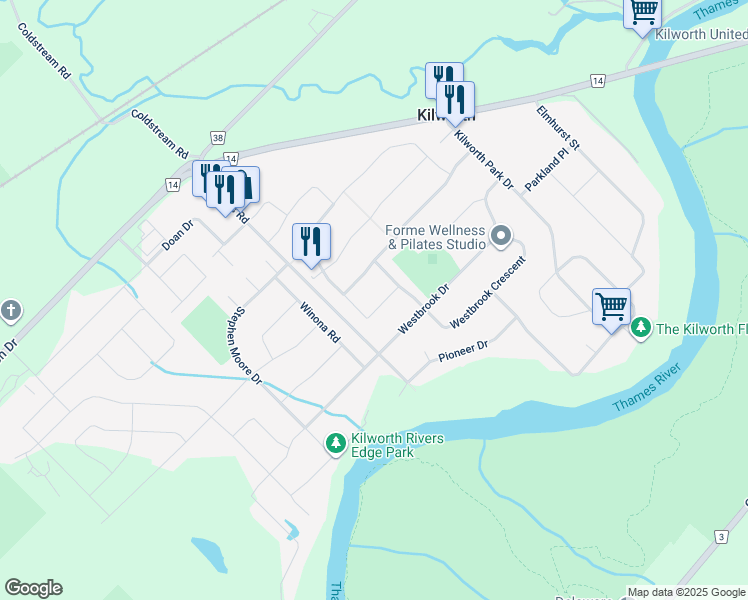map of restaurants, bars, coffee shops, grocery stores, and more near 81 Westbrook Crescent in Komoka
