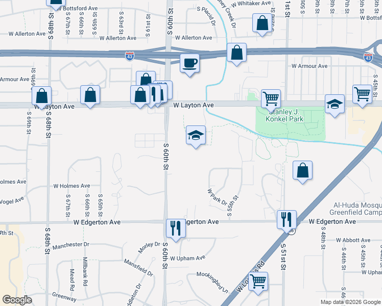 map of restaurants, bars, coffee shops, grocery stores, and more near South 60th Street in Milwaukee