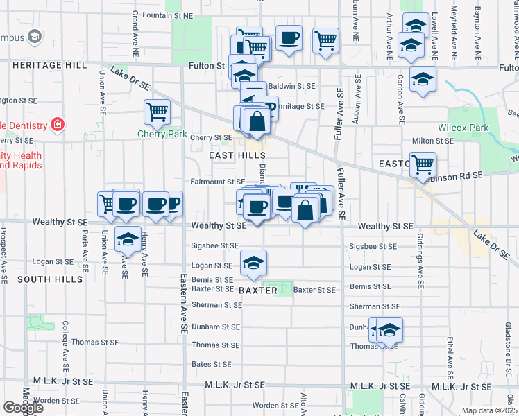 map of restaurants, bars, coffee shops, grocery stores, and more near 958 Virginia Street Southeast in Grand Rapids