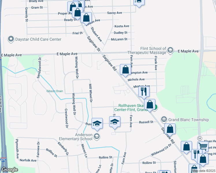map of restaurants, bars, coffee shops, grocery stores, and more near 5172 Saginaw Road in Flint