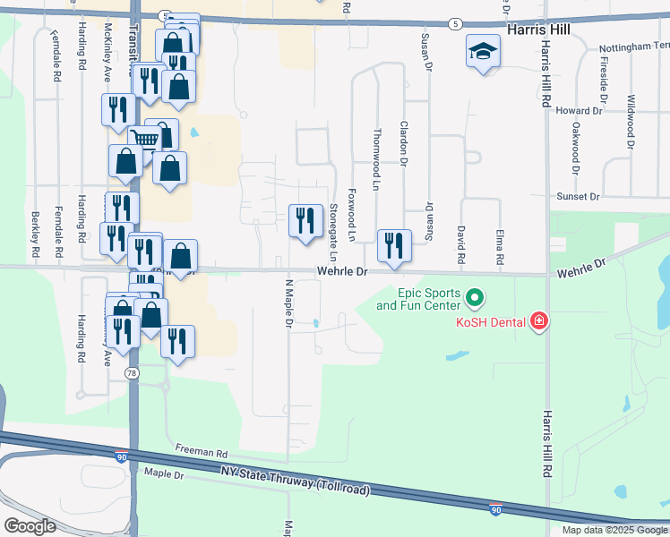 map of restaurants, bars, coffee shops, grocery stores, and more near 4100 Stonegate Lane in Williamsville