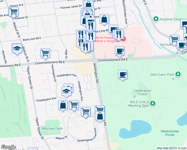 map of restaurants, bars, coffee shops, grocery stores, and more near 493 Wellington Road in London